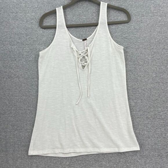 Poof Tank Top Shirt Womens Medium White Lace Up V Neck Sleeveless Lightweight - Picture 1 of 12